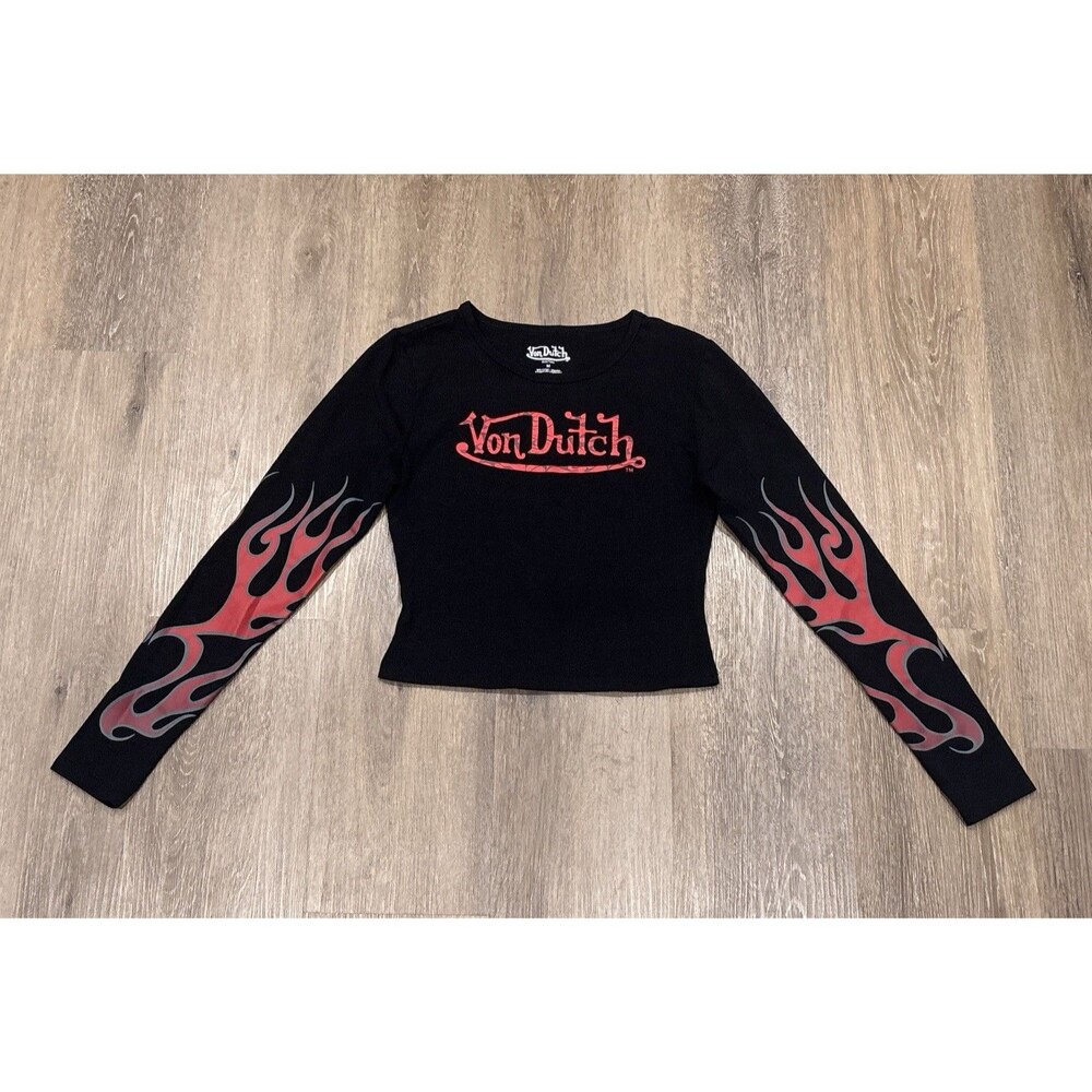 Von Dutch Crop Top Womens Medium Flame Sleeve Black Long Sleeve Shirt Logo Y2K